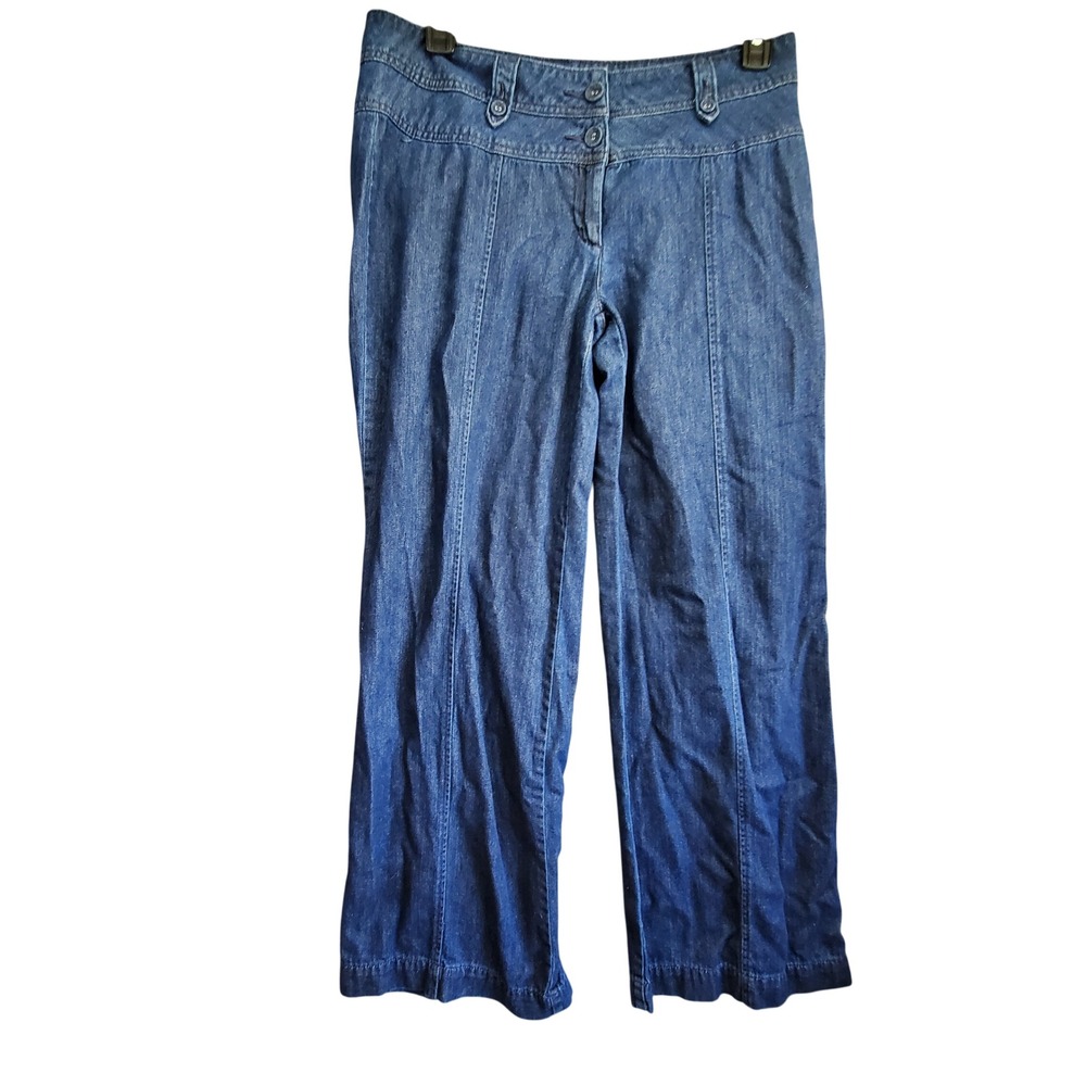 Elle Wide Leg Jeans Blue Denim High Rise Double Button Seam Front Pants Size 12